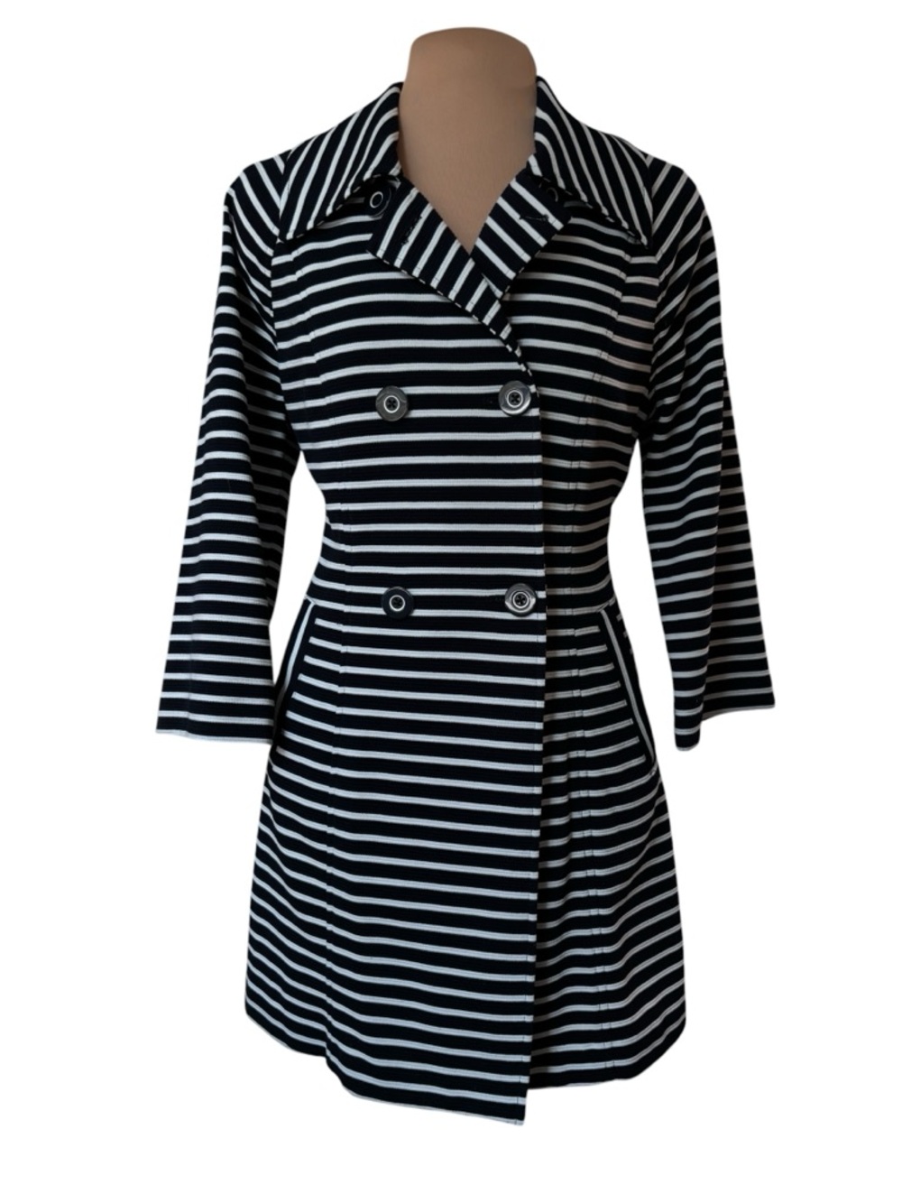 Cabi Navy White Striped Double Breasted Coat Blazer Jacket Nautical Chic Size M